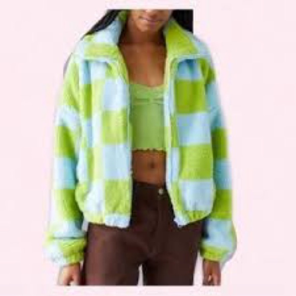 Urban Outfitters green and blue cheeseboard furry zip up jacket